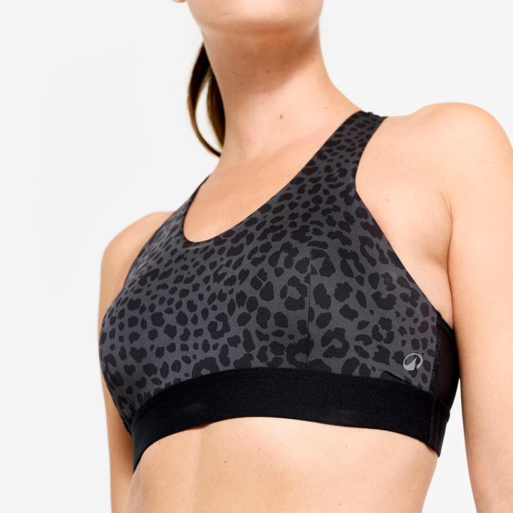 Decathlon Sport-Bustier Damen Schwimmerrücken und Pads mittlerer Halt - schwarz/grau Leo (XL)
