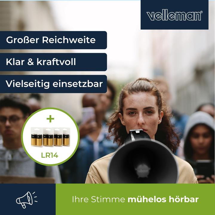 Actual product image Velleman Set (MP66S+ LR14*4) mit leistungsstarkem 50-W-Megaphon mit Sirene und 8 x 1,5-V-Alkali-C-Batterien (Megaphone)