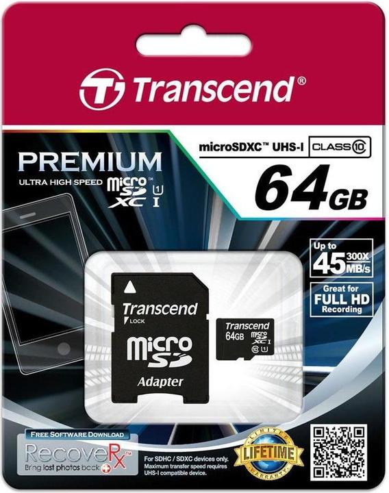 Actual product image Transcend microSDXC Premium 400x UHS-I (64 GB, microSDXC, U1, UHS-I)
