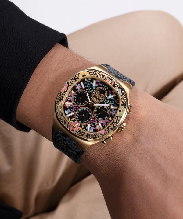 Produktbild Guess BR GLD CS W/ DIGITAL PRINTED TR / SUN BLK MF DL / BLK SILICONE STRP W/ PRINTING Armbanduhr (44 mm)