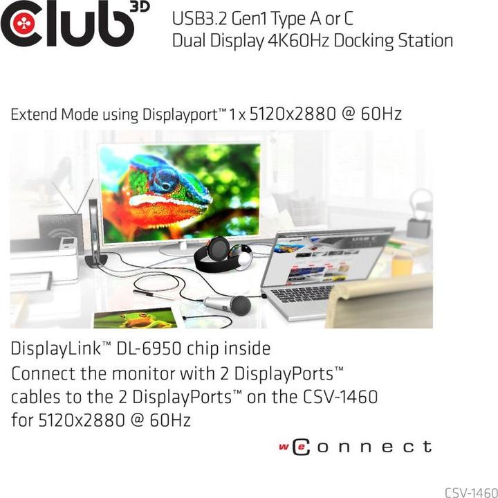 Produktbild Club 3D Dual Display Docking Station 4K60Hz (USB-B, 2 Ports)