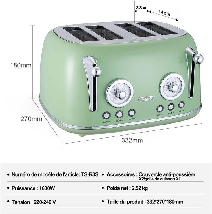Actual product image Wiltal Retro Toaster TS-R3S mit integrierten Brötchenaufsatz