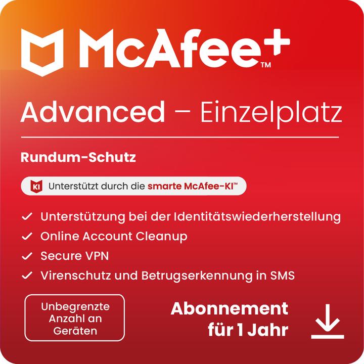 McAfee + Advanced Einzelplatz (Unbegrenzte Anzahl von Geräten) (1 User, 1 Geräte/User, 12 Monate)