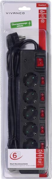 Produktbild Vivanco 6-fach Steckdosenleiste schwarz 37326 EKLS 6SS 6-fach Steckdosenleiste und 7 Schaltern (7 x, 1.80 m)