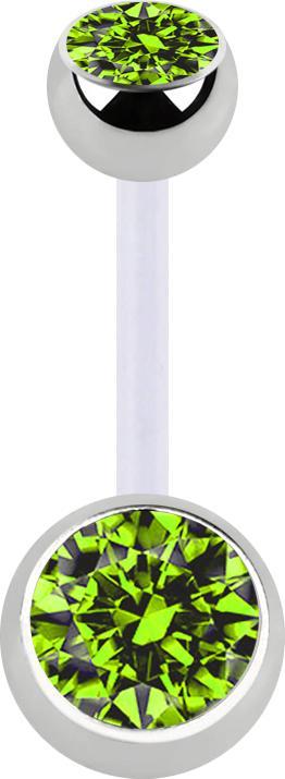 Star Piercing Banane transparent mit zwei Kugeln silber Kristall hellgrün (Chirurgenstahl 316L, Bioflex, ohne Messing)