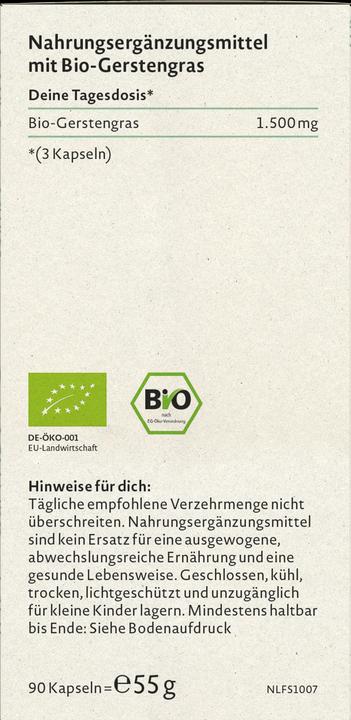 Nährwerte und Zutaten Nature Love Bio Gerstengras (90 Stück, Kapseln, 55 g)