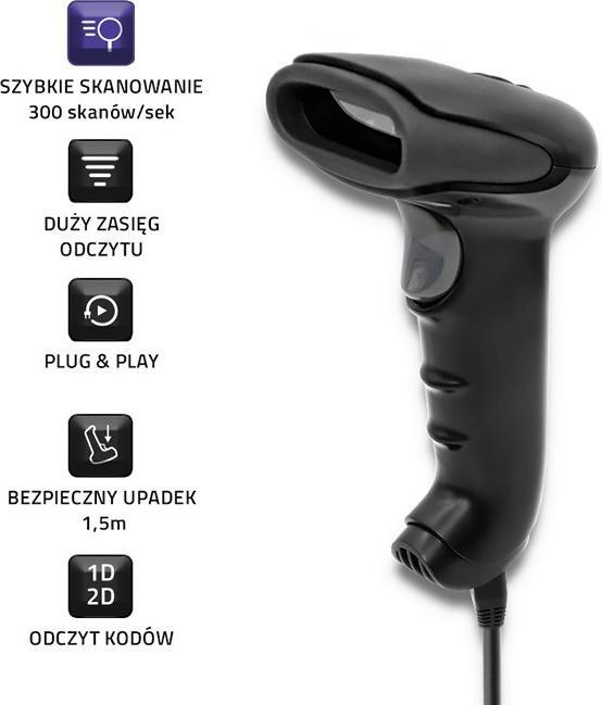 Produktbild Qoltec 50868 Barcode scanner 1D 2D Juodas (2D-Barcodes, 1D-Barcodes)