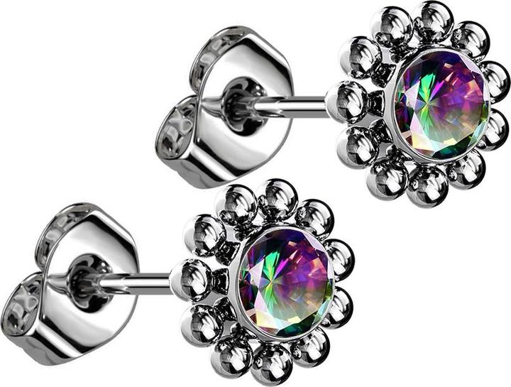 Star Piercing Threadless Ohrstecker silber Kugelblume Kristall dunkel multicolor (Titan G23, ohne Messing)