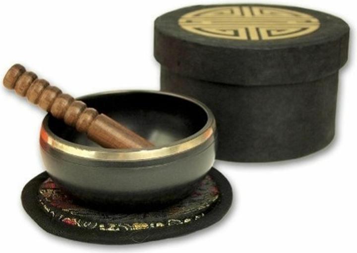 Produktbild Klangschalen-Center Kleine schwarze Klangschalen in schwarzer, runder Box mit Longevity-Aufdruck (Klangschale)