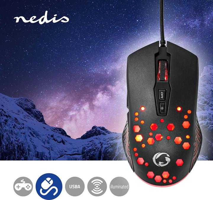 Actual product image Nedis Gaming Mouse | Wired | 800 / 1200 / 2400 / 3200 / 4800 / 7200 dpi | Adjustable DPI | Anz (Cable)