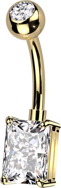 Star Piercing Banane vergoldet mit Kugel vergoldet Kristall silber und grossem rechteckigem Kristall silber (Messing, Titan G23)