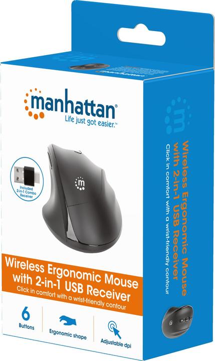 Produktbild Manhattan Ergonomische Wireless Maus mit 2-in-1 USB-Empfänger (Kabellos)
