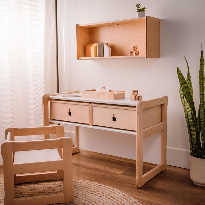 Produktbild Montessori XXL SET Tisch+2 Schubladen+Stuhl+Spiegel+Gestell- Natur ® Kindermöbel (Kindersitzgruppe)