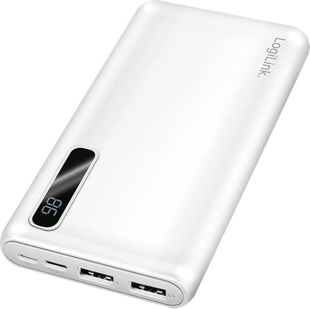 LogiLink Powerbank 10000 mAh, 2x USB-A, 2-in-1 Kabel, mit Display, weiss (10000 mAh)