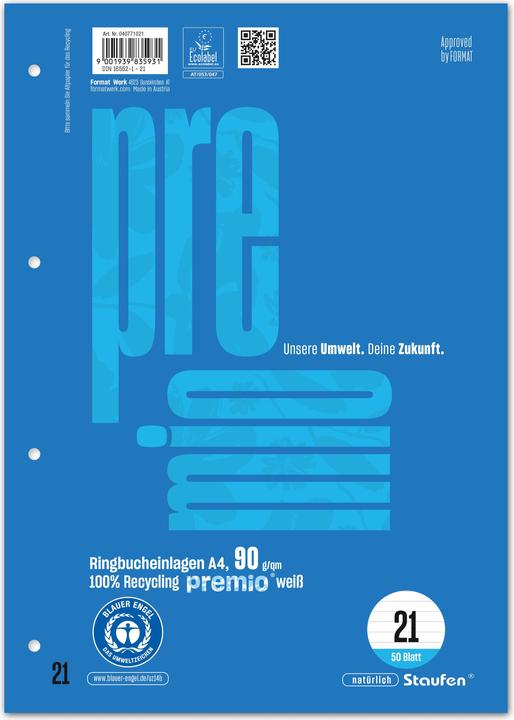 Produktbild Staufen Ringbucheinlage Premio, DIN A4, 90 g/qm, liniert, LIN21, weiss, 50 Blatt