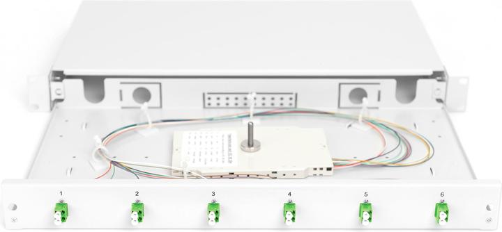 Actual product image Digitus FO splice box, 1U, equipped, 6x LC DX, OS2, APC incl. splice cassette, coloured pigtails, couplings