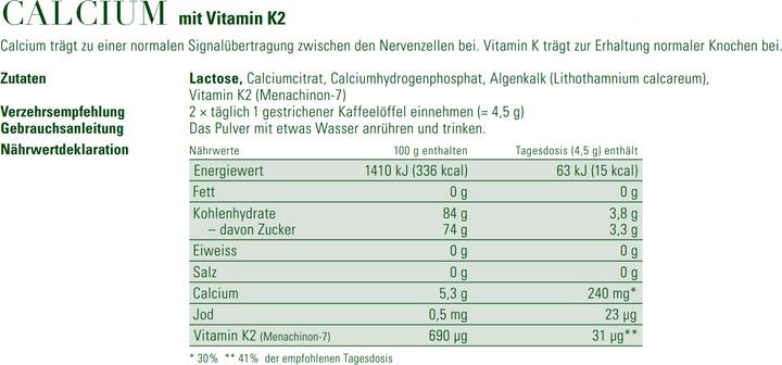 Valeurs nutritives et ingrédients Phytomed Complexe Infit Calcium + Vitamine K2 Complex (1 pièce(s), Cachets, 500 g)