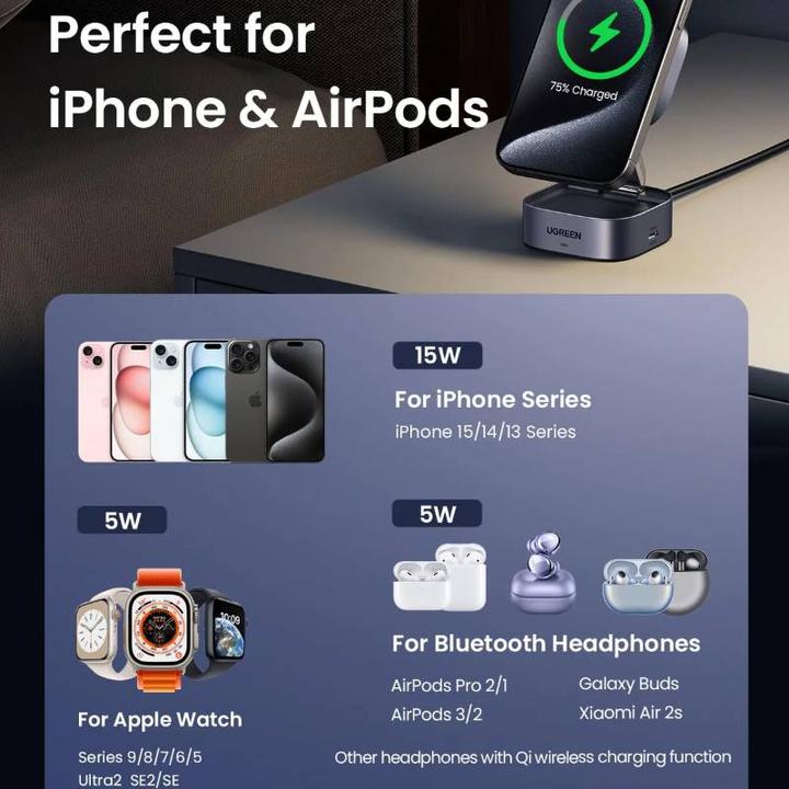 Produktbild Ugreen W702 3in1 inductive charger with MagSafe / Qi2 and USB-C port for phone / headphones - black (15 W)