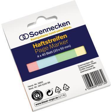 Produktbild Soennecken Haftmarker Recycling 20 x 50 mm (B x H) rot blau grün gelb 40 Bl./Block 4 Block/Pack. (20 x 50 mm)
