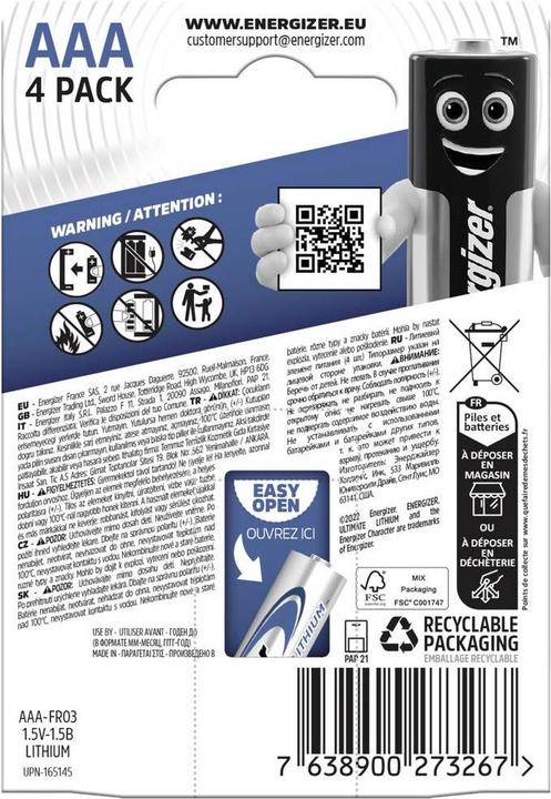 Immagine prodotto Energizer Ultimate Lithium (4 pz., AAA, 1150 mAh)