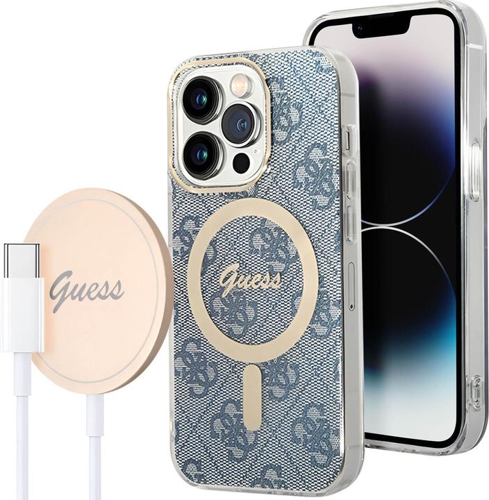 Produktbild Guess Zestaw GUBPP14XH4EACSB Case+ Charger iPhone 14 Pro Max 6,7" niebieski/blue hard case 4G Print (Apple iPhone 14 Pro Max)