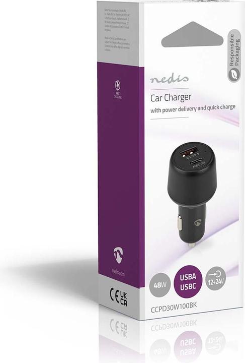 Actual product image Nedis 1xUSB-C PD 30W and 1xUSB-A QC3 Power Delivery black