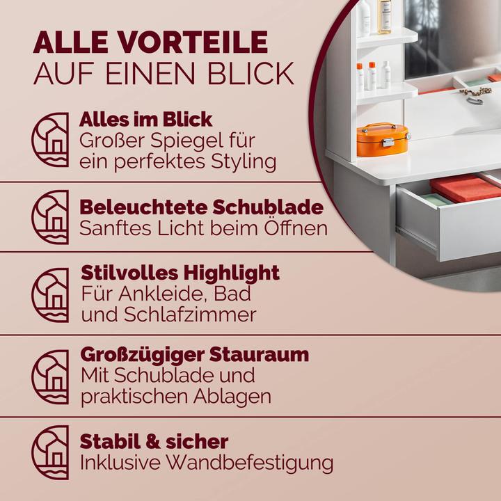 Image du produit Casaria Schminktisch mit Hocker (110 x 40 x 140 cm)