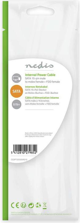 Immagine prodotto Nedis Cavo di alimentazione interna Molex maschio 2X SATA 15 pin femmina Placcato oro 0,15 m PVC rotondo