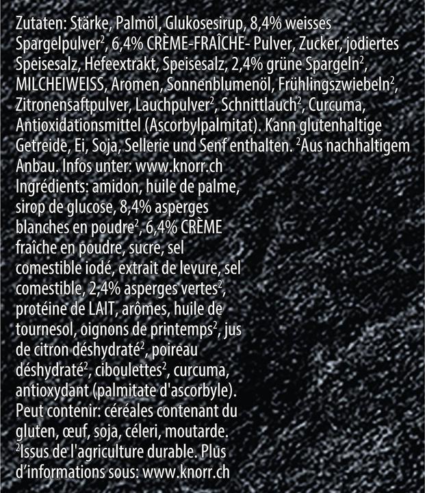 Valeurs nutritives et ingrédients Knorr Suprême quick soup Asperges à la crème fraîche et à la ciboulette, soupe vite préparée