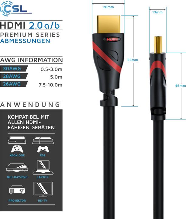 Produktbild CSL HDMI Kabel 2.0b - 4k 60Hz Ultra HD - Ethernet - Highspeed - Full HD - 3D - ARC - 3 fach geschirmt (1 m, HDMI)