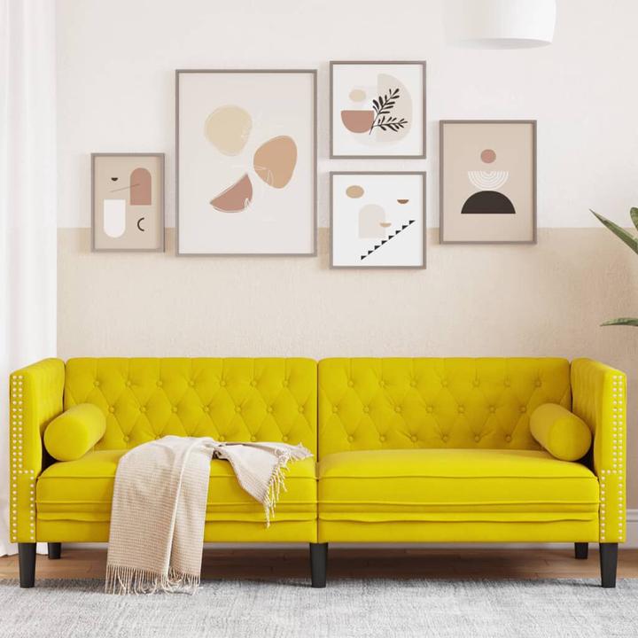 Actual product image VidaXL Chesterfield sofa bolsters 3-seater couch upholstered sofa yellow velvet (Chesterfield)