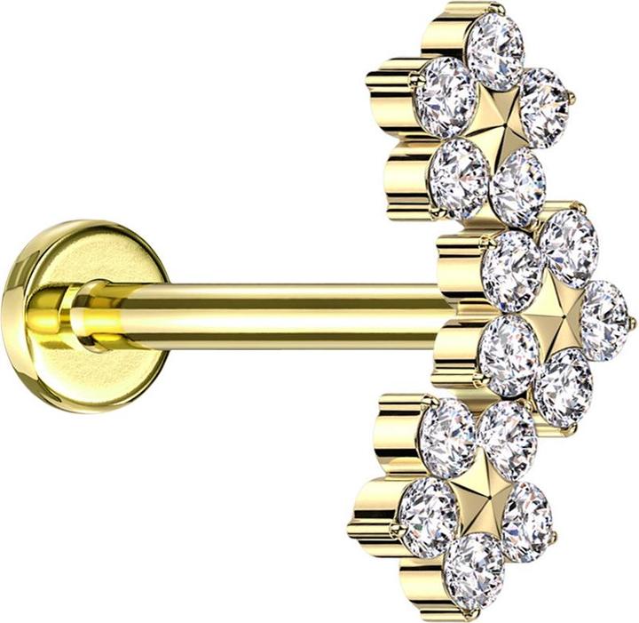Actual product image Star Piercing Micro Labret Innengewinde vergoldet drei Blumen mit Stern Kristalle silber (without brass, Titanium G23)
