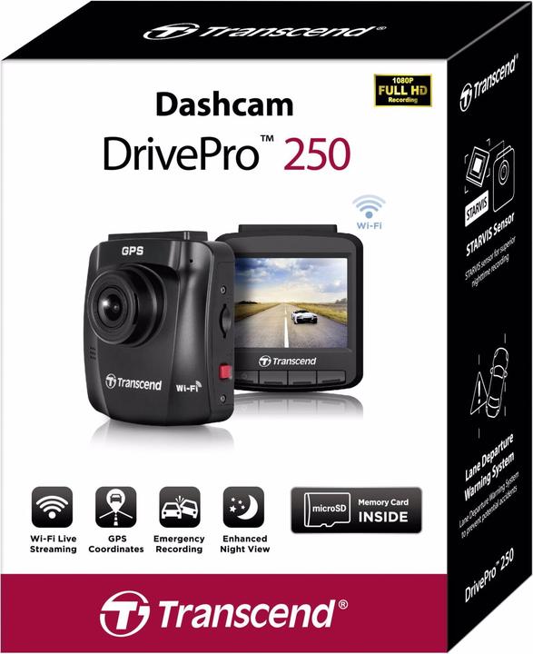 Actual product image Transcend DrivePro 250 incl. 32GB microSDHC TLC (Wi-Fi, Built-in display, Bluetooth, Rechargeable battery, GPS receiver, Full HD)