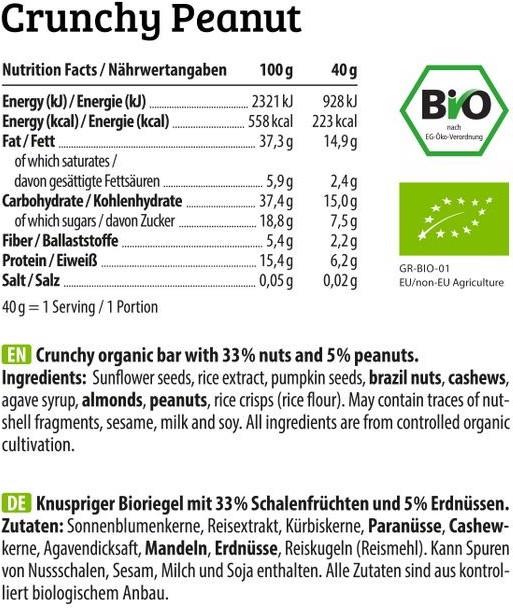 Nutritional values and ingredients HEJ Nutrition Natural Bite (12 x 40g) (Crunchy Peanut, 1 pcs., 480 g)