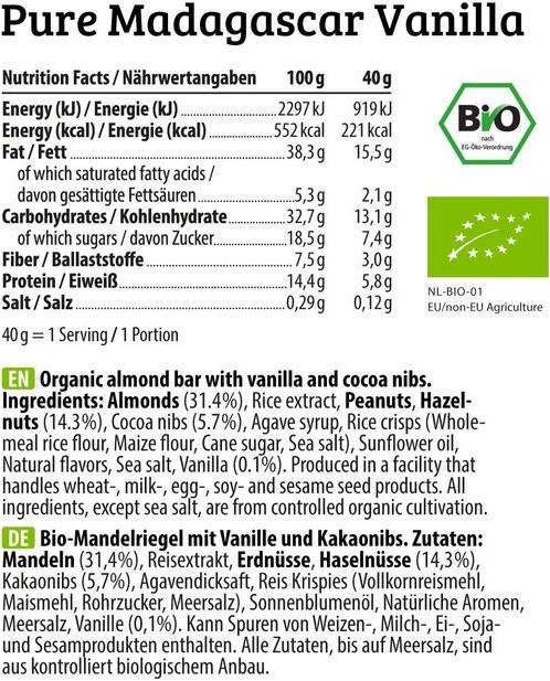 Nutritional values and ingredients HEJ Nutrition Bite (40g) (Chocolate & Nuts, 1 pcs., 42 g)