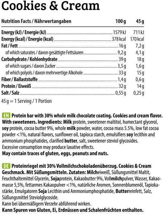 Valori nutrizionali e ingredienti HEJ Nutrition HEJ Crispy Protein Bar (12 x 45g) (Biscotti e panna, 1 pz., 540 g)