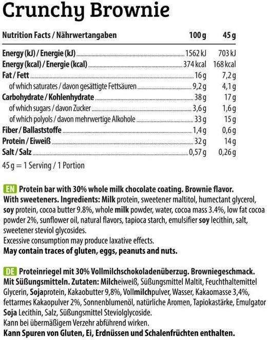 Nährwerte und Zutaten HEJ Nutrition HEJ Crispy Protein Bar (12 x 45g) (Crunchy Brownie, 1 Stk., 540 g)
