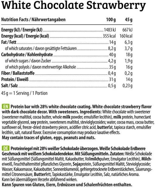 Valori nutrizionali e ingredienti HEJ Nutrition HEJ Crispy Protein Bar (12 x 45g) (Fragola, Cioccolato bianco, 1 pz., 540 g)