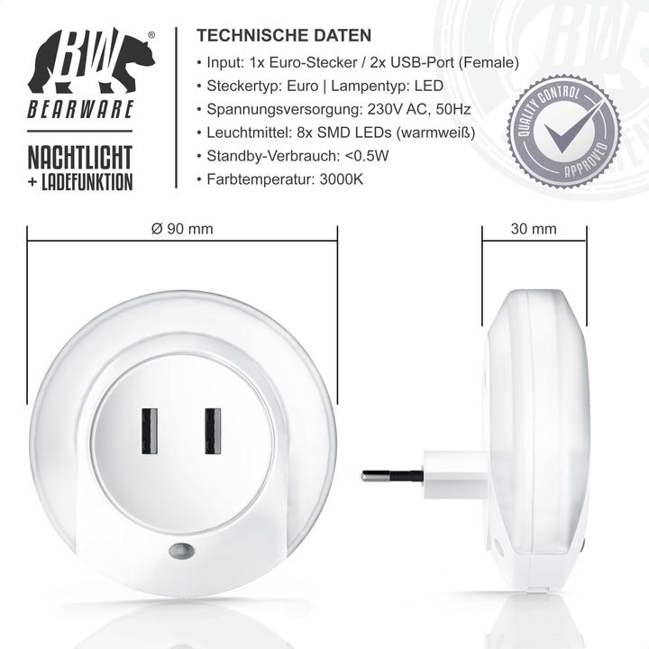 Produktbild Bearware LED Nachtlicht mit USB Ladefunktion warmweiss, Nachtlampe mit Helligkeits & Dämmerungssensor