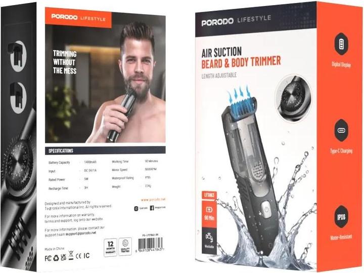 Immagine prodotto Porodo Lifetsyle Waterproof Dual Rechargeable Vacuum Trimmer 1400mAh - Grey and Blac