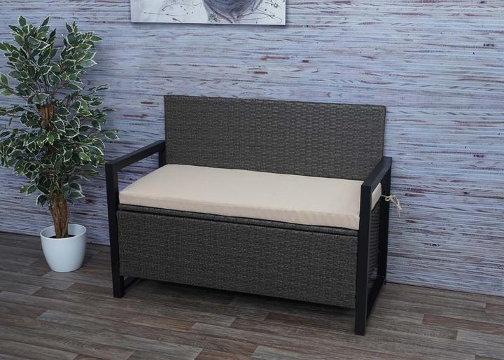 Produktbild Swisshandel24 Poly-Rattan 2er Sitzbank, Gartenbank Truhenbank, Staufach Aufbewahrung Sitzkissen - grau, Kissen bei