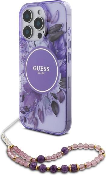 Actual product image Guess GUHMP16XHFWBRCESU iPhone 16Pro Max 6.9" fioletowy/purple hardcase IML Flowers With Pearl Strap (Apple iPhone 16 Pro Max)