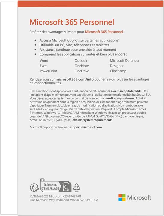 Actual product image Microsoft 365 Personal (French) (1 User, 12 months)