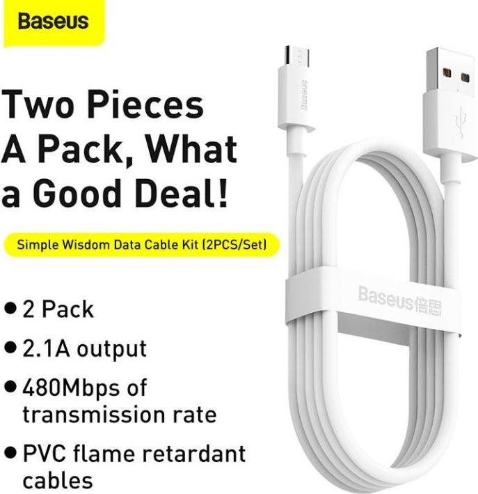 Image du produit Baseus Simple Wisdom Data Cable Kit USB to Micro 2.1A (2PCS/Set) 1.5m White (1.50 m)