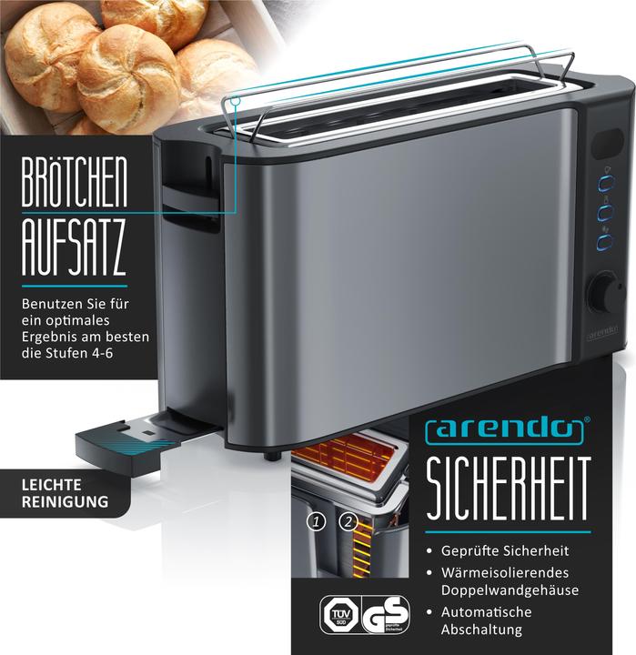 Produktbild Arendo Frühstücks Set, 2-Scheiben Langschlitz Toaster mit Brötchenaufsatz & Eierkocher für 6 Eier, Grau (EU-Stecker)