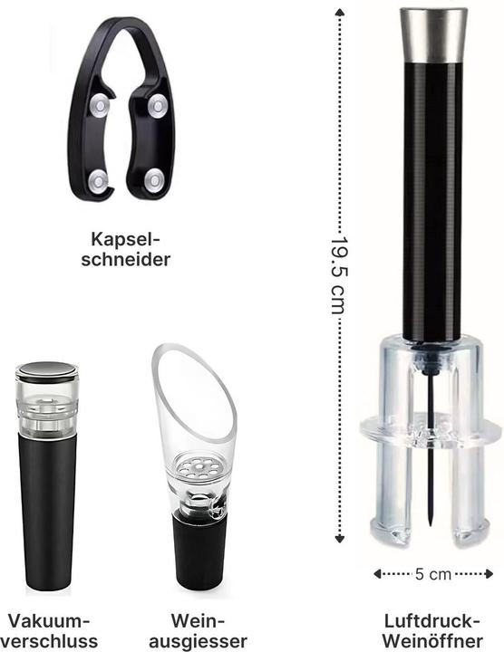 Produktbild Hermex Flaschenöffner-Set Luftdruck-Weinöffner Korkenzieher Weinausgiesser (Sommelier Set)
