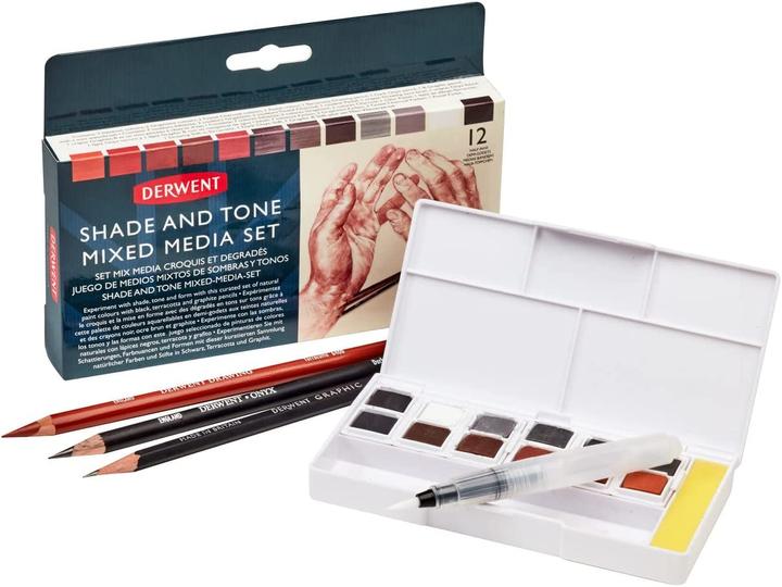 Derwent Ombra e tonalità in un mediaset misto (Nero, Bianco, Storm Grey, Grigio grafite, Braci bruciate, Seppia, Rosso veneziano, Sanguigna, Marte Arancione, Inchiostro seppia, Terra bruciata, Autunno Marrone, 16 x)