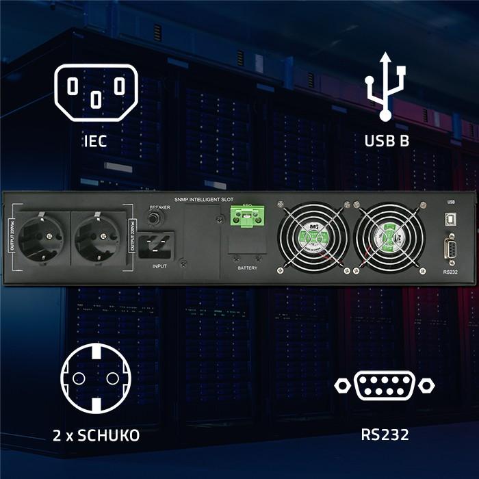 Actual product image Qoltec ZASILACZ AWARYJNY UPS DO RACK | 2.4KVA | 2400W | POWER FACTOR 1.0 | LCD | EPO | USB | ON-LINE (2400 VA, 2000 W, Online double converter UPS)