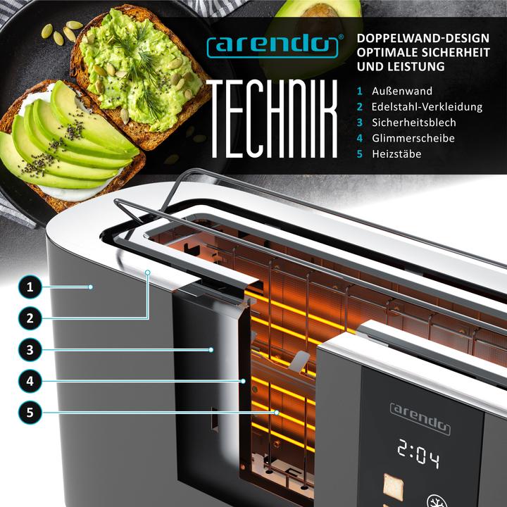 Actual product image Arendo Toaster Edelstahl 2 Scheiben Langschlitz, Restzeit & Bräunungsgradanzeige, Touch Display, 1000 W (EU plug)