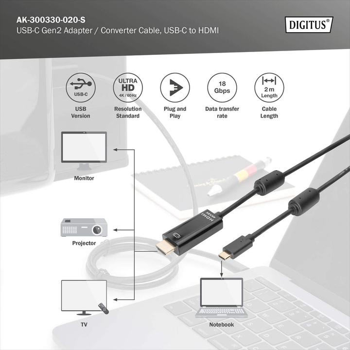 Image du produit Digitus USB Typ C — HDMI (Typ A) (2 m, HDMI)